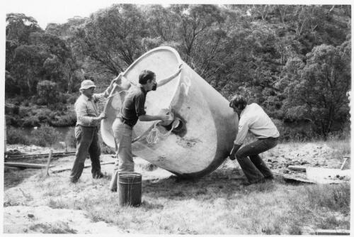 Arthur Tange, Christopher Tange and Angus Moir installing a septic tank, Yaouk Valley, New South Wales, December 1975 (1) [picture]