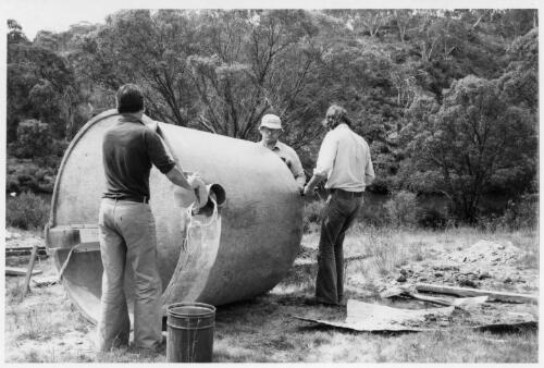 Arthur Tange, Christopher Tange and Angus Moir installing a septic tank, Yaouk Valley, New South Wales, December 1975 (2) [picture]