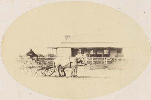 [Horse-drawn vehicle in front of Momba house, Momba Station, ca. 1870s] [picture]/ Frederic Bonney