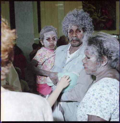 [Portrait of unidentified Anbarra people at opening of 'It's about friendship' - Rom, a ceremony from Arnhem Land exhibition at the National Library of Australia, Canberra, 5 January 1995] [transparency] / Andrew S. Long