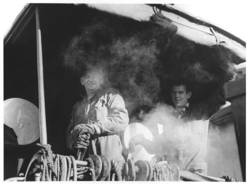 Engine driver and fireman, Eveleigh Railway Workshops, Sydney, 1968 [picture] / Raymond de Berquelle