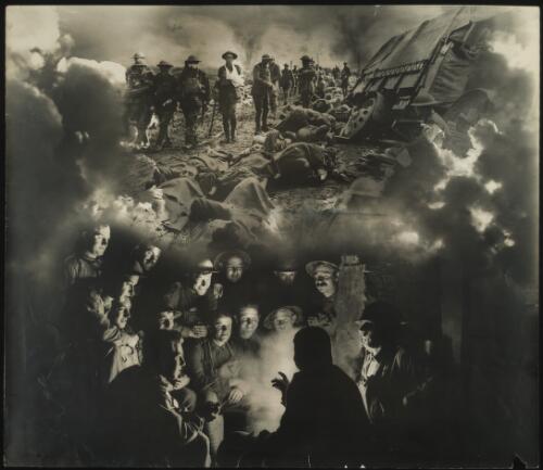 [Composite of parts of photographs entitled Australian wounded on the Menin Road, near Birr Cross Road on September 20th, 1917 and [Infantrymen of the 1st Australian Division during a rest in the dugouts at Ypres, 1917], bordered by clouds] [picture]