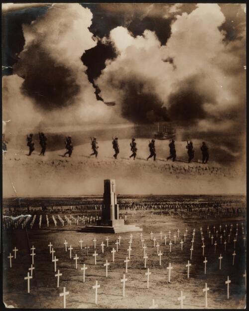 [Composite of part of photograph entitled Tobruk burns in the background as Australian troops rest on the heights overlooking the coastal town, before advancing to occupy it, January 1941 : Barqah, Libya] and photograph of Tobruk War Cemetery and memorial] [picture]