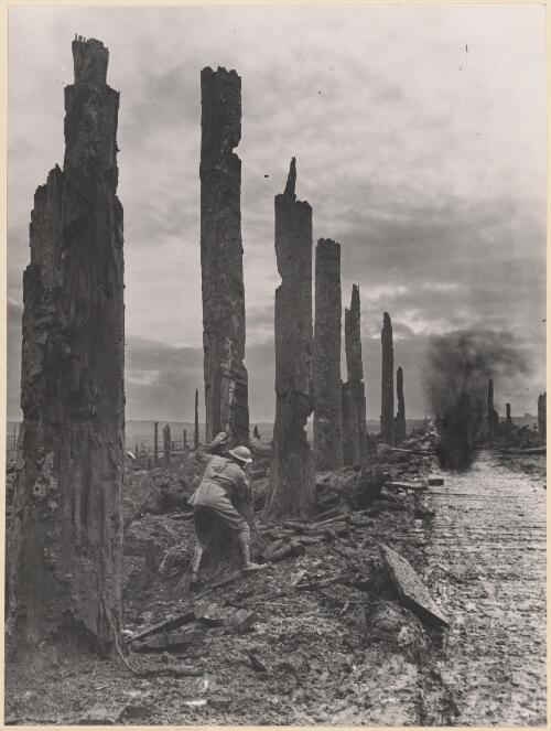 Deaths Highway, an exposed road in the battlefield near Ypres, Belgium, 1917 / Frank Hurley