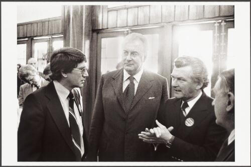 Gough Whitlam and Bob Hawke during the federal election campaign, at Her Majesty's Theatre, Melbourne, Victoria, December 1977 [picture] / Andrew Chapman