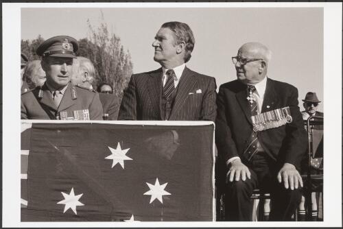 Prime Minister Malcolm Fraser at an ANZAC Day ceremony at Melbourne's Shrine of Remembrance, Victoria, 1980 [picture] / Andrew Chapman