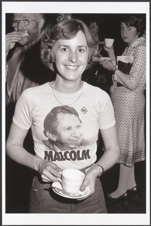 Young Liberal supporter wearing a Malcolm t-shirt at the campaign launch at Moorabbin Town Hall, Melbourne, Victoria, 1980 [picture] / Andrew Chapman