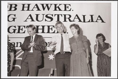 Bob and Hazel Hawke with Victorian Premier John Cain two days before he was voted in as Prime Minister, Box Hill Town Hall, Melbourne, Victoria, 1983 [picture] / Andrew Chapman