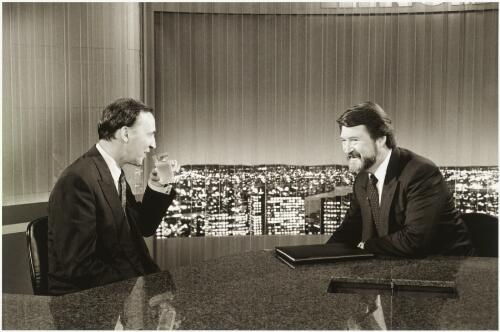 Paul Keating and Derryn Hinch getting ready to appear on Channel 10's 'Hinch', February, 1993 [picture] / Andrew Chapman