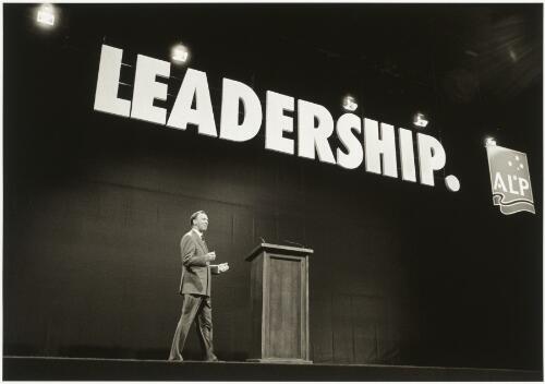 Prime Minister Paul Keating strides out under Leadership sign at the Federal election campaign launch at the World Trade Centre in Melbourne, February 1996 [picture] / Andrew Chapman