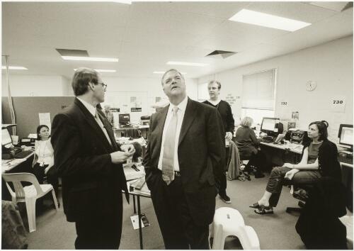 Senator John Faulkner and Kim Beazley at Victorian ALP headquarters during the November 2001 election campaign [picture] / Andrew Chapman