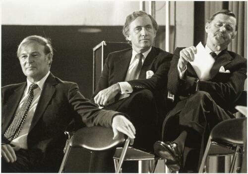 Fraser Ministers Doug Anthony, Andrew Peacock and Jim Killen at the Liberal Party campaign launch, Moorabin Town Hall, Melbourne, Victoria, September 1980 [picture] / Andrew Chapman