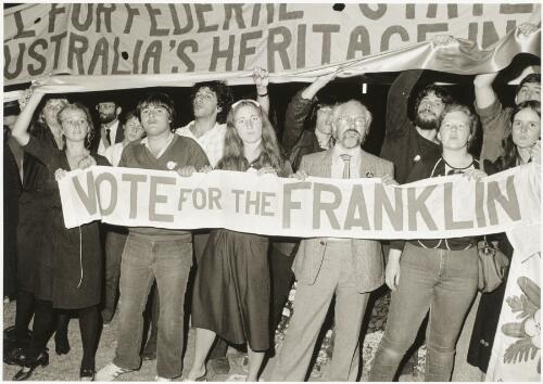 Franklin dam protesters at the Liberal Party Federal election campaign opening, Malvern Town Hall, Malvern, Victoria, February 1983 [picture] / Andrew Chapman