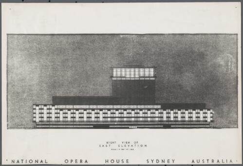 National Opera House, Sydney, Australia, night view of East elevation [picture] / [by Molnar with Stephenson and Turner]