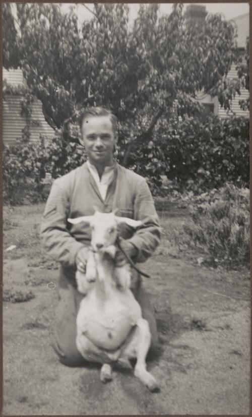 Portrait of Clarence Bernhardt holding a goat, [Northern Territory], ca.1939 [picture]