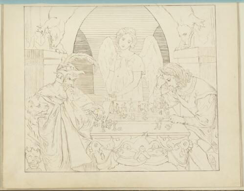 Two men seated playing chess, as an angel looks on,  April 1857 [picture] / Eliza Younghusband