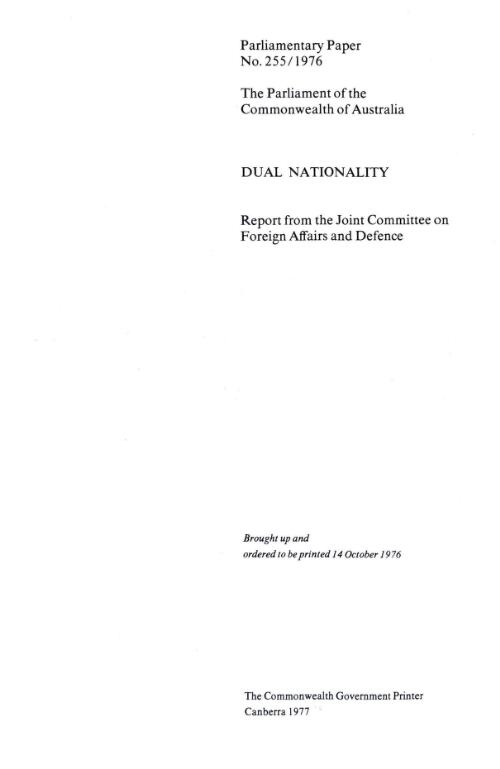 Dual nationality : report from the Joint Committee on Foreign Affairs and Defence