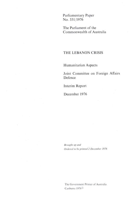 The Lebanon crisis: humanitarian aspects : interim report / Joint Committee on Foreign Affairs and Defence