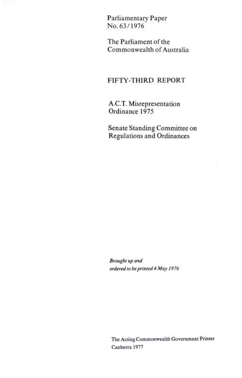 Fifty-third report, A.C.T. Misrepresentation ordinance 1975 / Senate Standing Committee on Regulations and Ordinances
