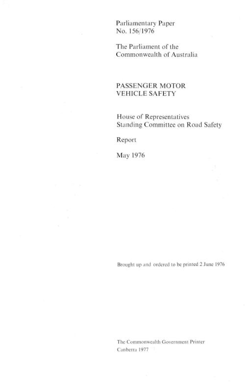 Passenger motor vehicle safety : report / House of Representatives Standing Committee on Road Safety