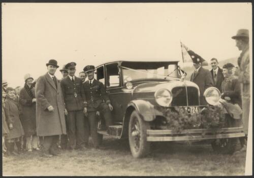 Charles Ulm and Charles Kingsford Smith with car in which they toured Wellington, September 1928 [picture] / Crown Studios