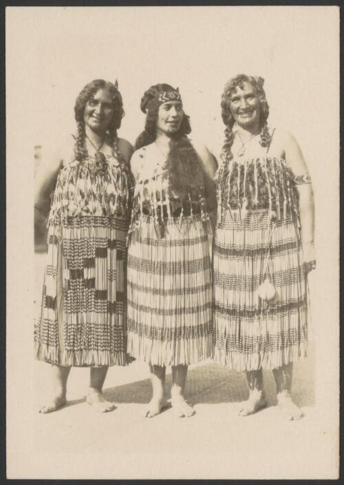 Portrait of three Maori women in costume at Rotorua, New Zealand, September 1928 [picture]