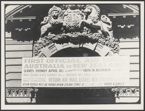 Advertising board for first official airmail from Australia to New Zealand to be flown in Faith in Australia, Avro X monoplane VH-UXX, Sydney, 1934 [picture]