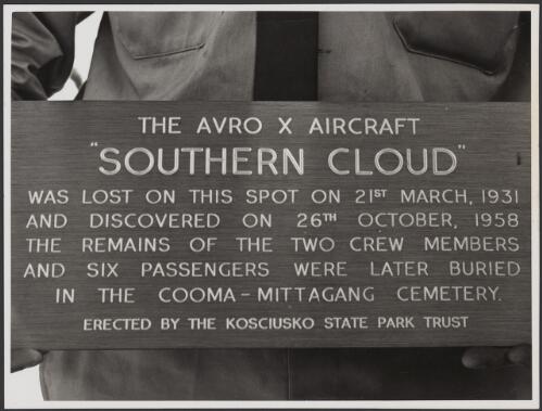 Plaque commemorating crash of plane Southern Cloud VH-UMF, Cooma, New South Wales, 1962? [picture]