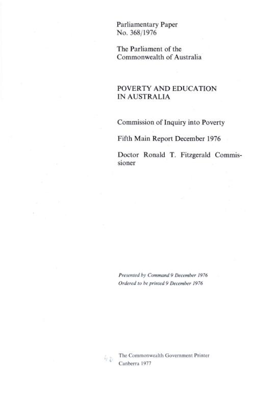 Poverty and education in Australia : fifth main report, December 1976 / Commission of Inquiry into Poverty
