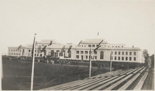 View of Parliament House from the visitors' stands, Canberra, Australian Capital Territory, 9th May 1927 [picture] / May Sibley