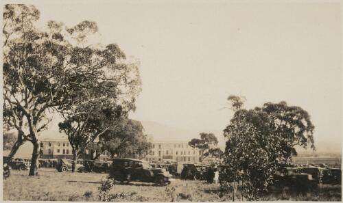 Cars in the parking area for the official opening of Parliament, Canberra, Australian Capital Territory, 9th May 1927 [picture] / May Sibley