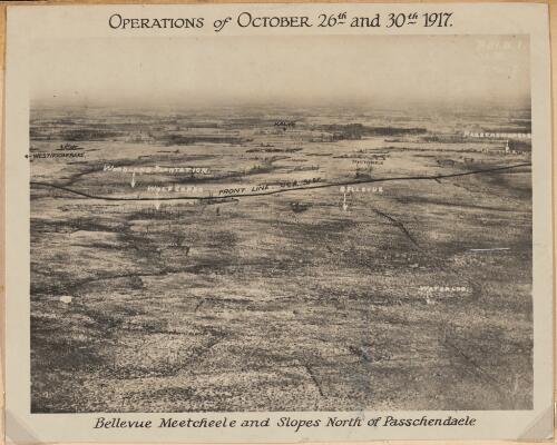Aerial view of militiary operations at Bellevue Meetcheel and slopes north of Passchendaele, Belgium, October 1917 [picture]