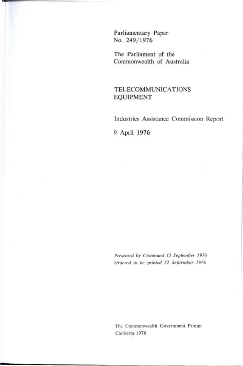 Telecommunications equipment, 9 April 1976 : Industries Assistance Commission report