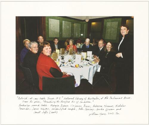 National Library of Australia staff and patrons attending the Patrick at my table dinner, held at the Ginger Room, Old Parliament House, Canberra, 2007 [picture] / William Yang