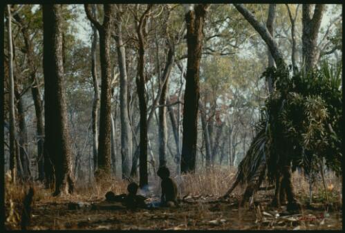 Aboriginal family around a campfire in the early morning at the end of the dry season, Liverpool River, Arnhem Land, Northern Territory, ca. 1952 [picture] / Axel Poignant