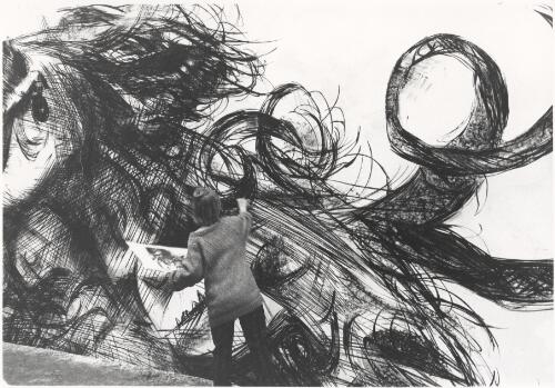 A woman works on the backdrop designed by Arthur Boyd for the performance of Elektra, Covent Garden, England, 1963 [picture] / Axel Poignant