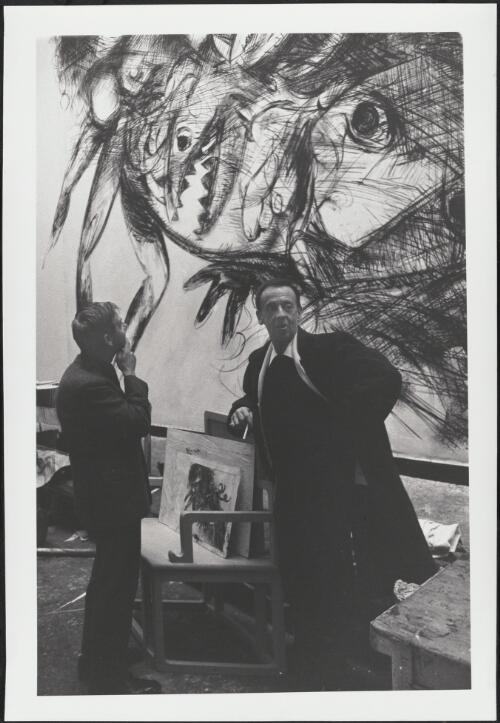 Arthur Boyd and Robert Helpmann in front of the Elektra backdrop, Covent Garden, England, 1963 [picture] / Axel Poignant