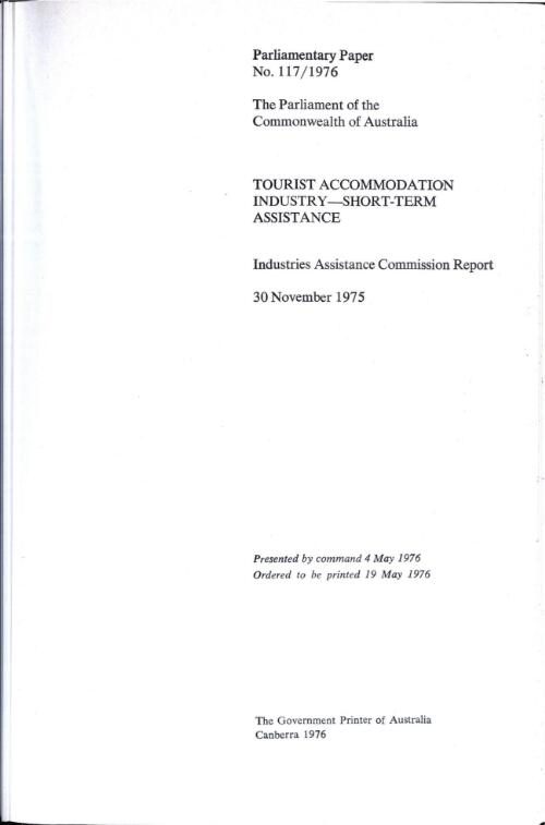 Tourist accommodation industry - short-term assistance, 30 November 1975 / Industries Assistance Commission