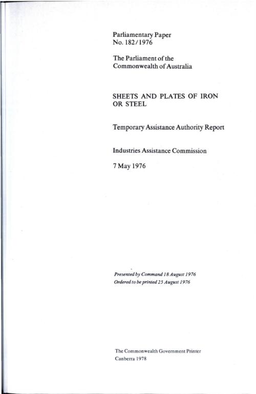 Sheets and plates of iron or steel, 7 May 1976 : Temporary Assistance Authority report, Industries Assistance Commission