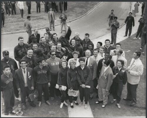 A real golden group at the Olympic Village, there are 38 gold medal winners in this group, Melbourne, Victoria, 1956 [picture] / Bruce Howard