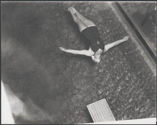 Pat McCormick of the USA here seen making a reverse dive from the three metre board at the Olympic Pool, Melbourne, Victoria, 1956 [picture] / Bruce Howard