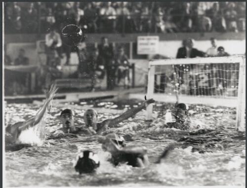 In front of the goal during the water polo match between Hungary and Russia, Melbourne, Victoria, 1956 [picture] / Bruce Howard