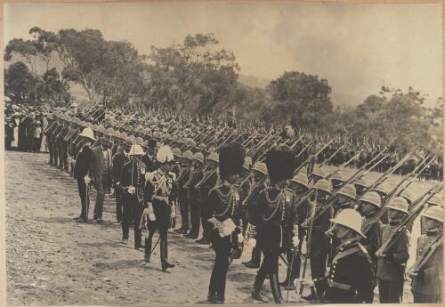 Inspection of the Royal Military College guard of honour by Governor-General Lord Denman, Capital Hill, Canberra, 12 March 1913
