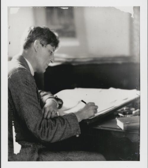 Hardy Wilson at his desk at Purulia, Warrawee, New South Wales, 1921, 1 [picture] / Harold Cazneaux
