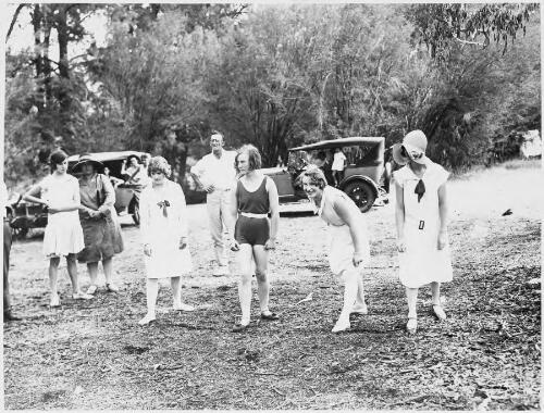 Four women preparing for a footrace at a picnic in the Cotter reserve, Canberra, ca. 1920s [picture]