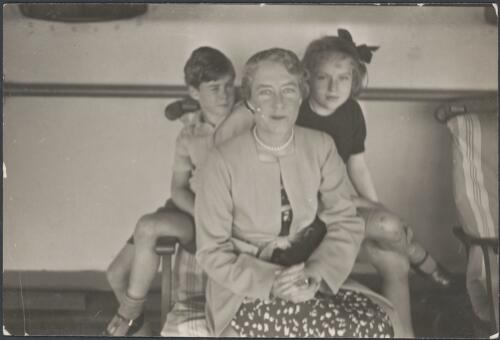 Maie Casey with her children, Donn and Jane on board ship, ca. 1940 [picture]
