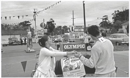 Contestants dancing near the dance-a-thon sign, Caringbah, New South Wales, 1961 [picture] / Jeff Carter
