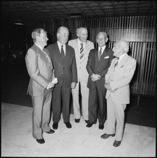 Portrait of George Chandler, Allan Fleming, Kenneth Myer, Harrison Bryan and Harold White at the farewell ceremony, Canberra, 5 February 1982 [picture] / Henk Brusse