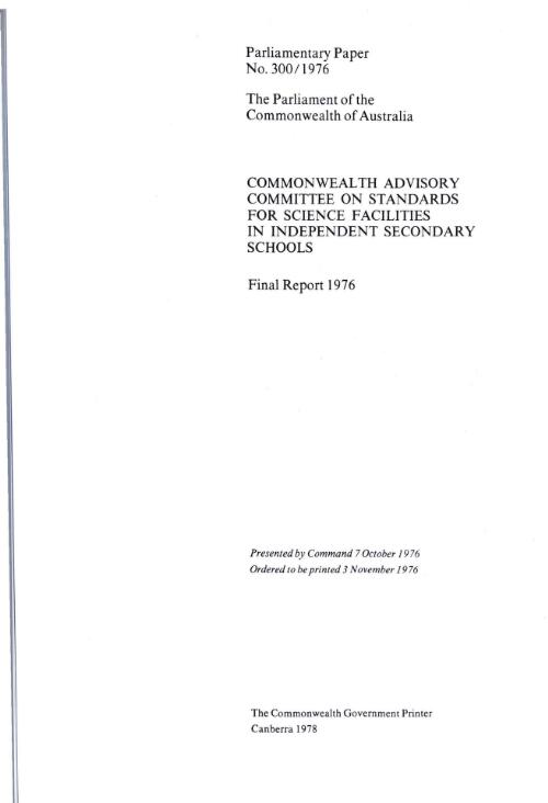 Final report 1976 / Commonwealth Advisory Committee on Standards for Science Facilities in Independent Secondary Schools