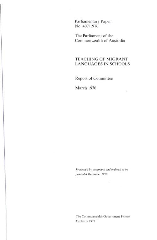 Teaching of migrant languages in schools / report of the Committee on the Teaching of Migrant Languages in Schools